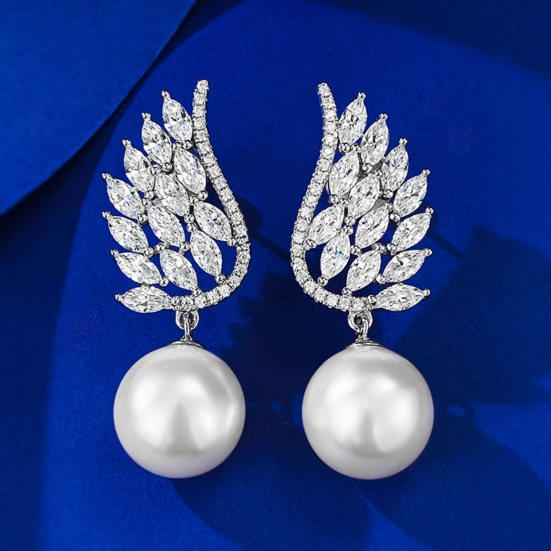 Elegant Sterling Silver Pearl Drop Earrings with Cubic Zirconia Leaf Design, Ideal for Weddings and Special Occasions