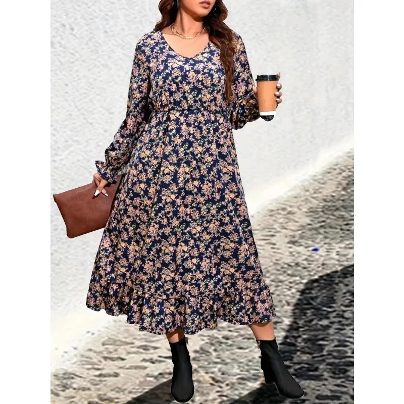 Plus Size 1XL-5XL Casual Dress Womens Plus Floral Print Lantern Sleeve V Neck Smock Dress 250520