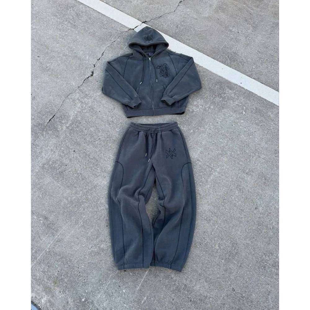 Hip hop fashion Vintage patchwork pattern embroidery design men clothing Y2k set Punk Haruku casual couple oversized tracksuit