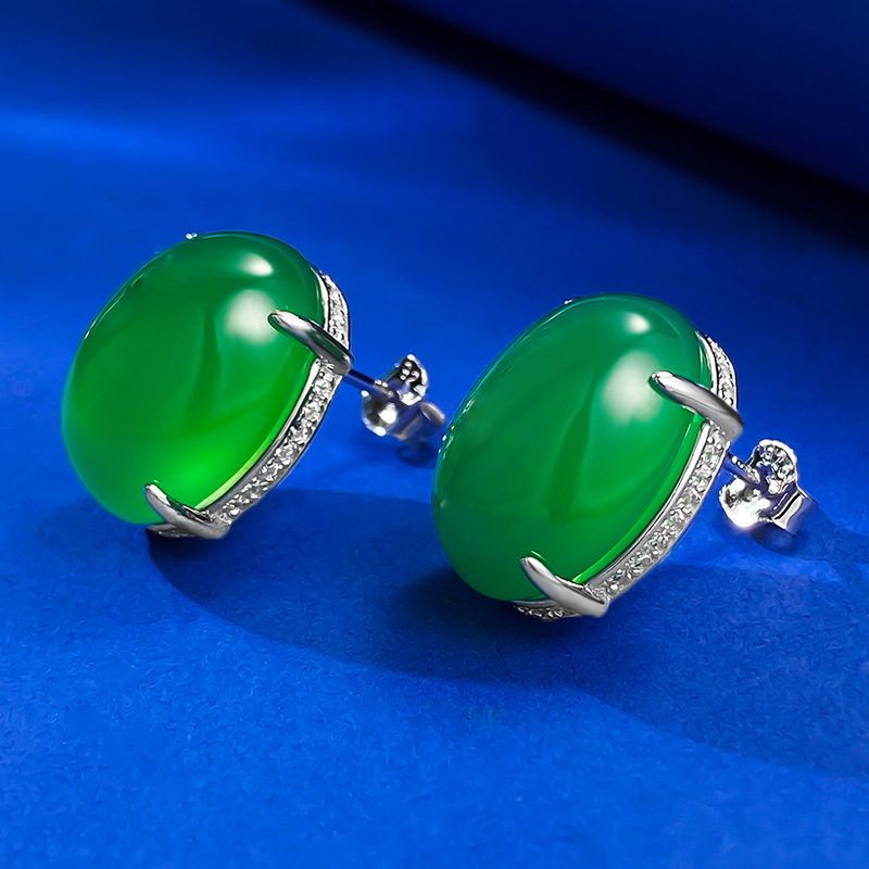 2025 New 925 Sterling Silver Full Diamond Inlaid 12x16mm Faux Jade Earrings Luxury Wealth Style Stud Earrings