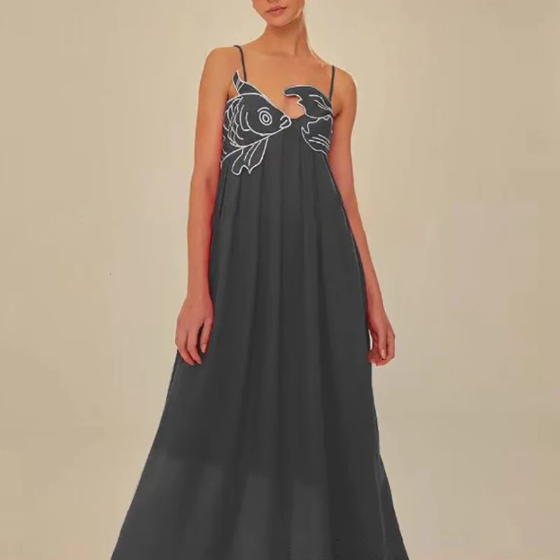 3D Fish Shaped Embroidery Pleated Sling Dress Women Spring Strapless Hollow Party Long Dress Summer Backless Side Zip Boho Dress 250519