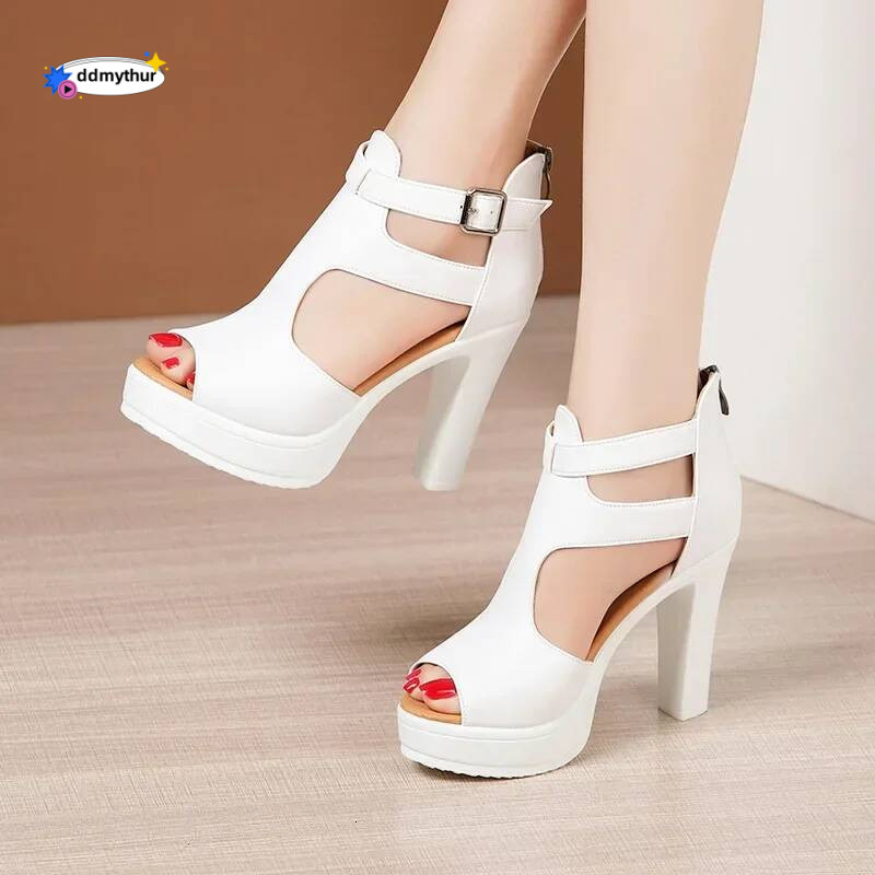10cm Small Size 32-43 Elegant Leather Shoes Woman Block High Heels Platform 2025 Summer Gladiator Sandals Office Model ddmythur