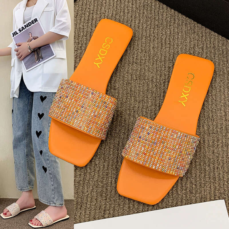 Designer Sandals, Colorful Rhinestone Flat Slippers 2025 Spring And Summer Candy Colored Outdoor Casual Wear Resistant Slippers Women's Trendy Sh