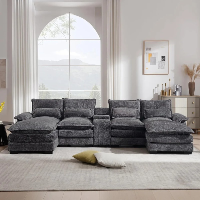 U-Shaped Modular Sectional Sofa, 124.8" Chenille Couch for Living Room, Grey Fluffy Sofa with Console Cupholders and USB