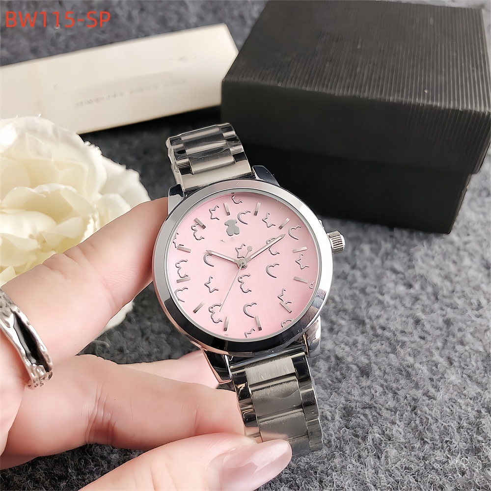 Hot Sale Women Men Silver Rose Pink Black Gold Stainless Steel Flower Heart Bear Square Electronic Watch Leather Chain Pulsera Span Jewelry