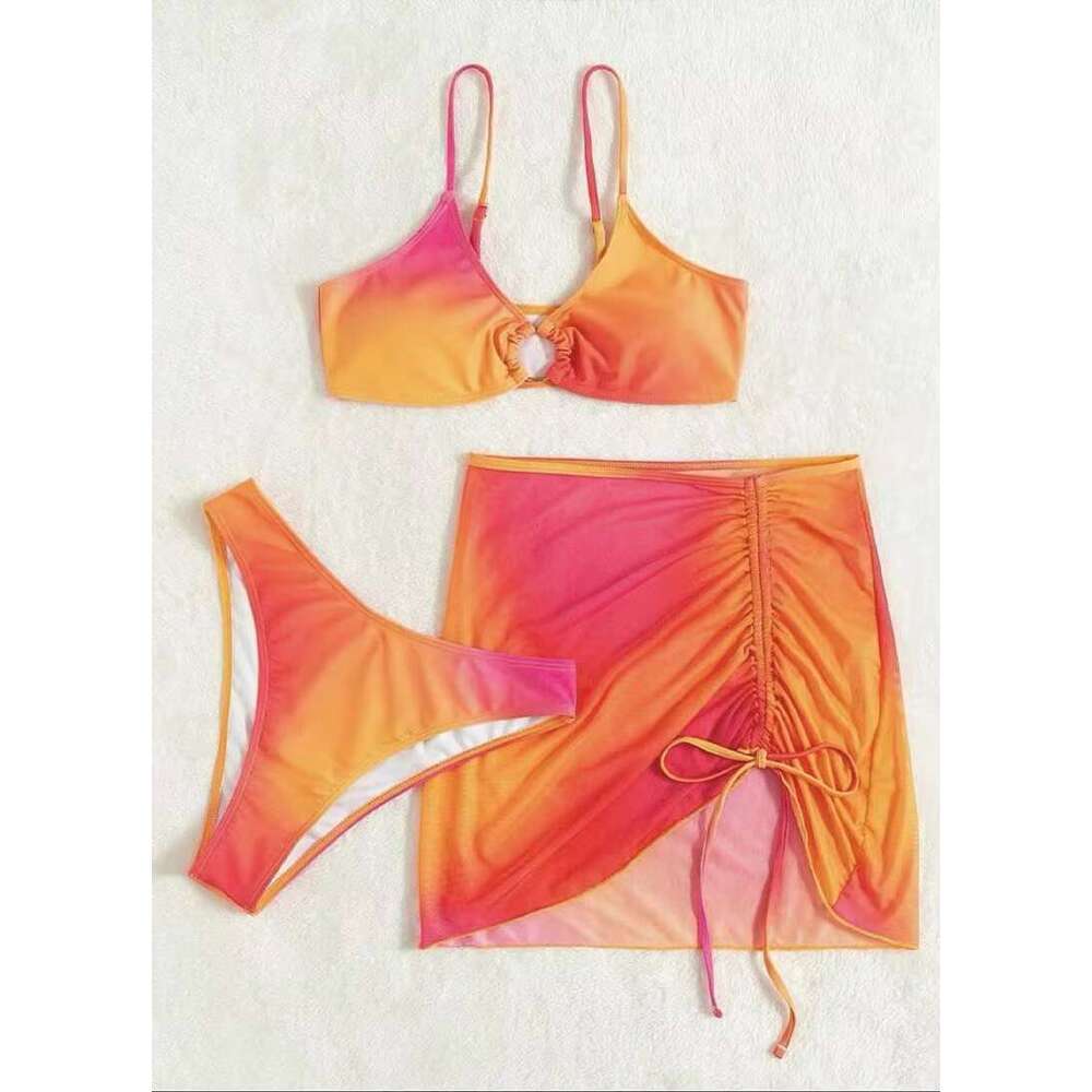 DHEssentials Custom New Tie Dye Sexy 3 Piece Bikini With Mesh Sarong Cover up Triangle Swimsuit Women Thong Swimwear