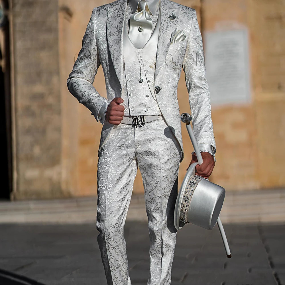 White Retro Jacquard 3 Pieces Jacket Vest Pants Mens Suit Gentleman Fit Slim Party Tailor Made Groom Wedding Suits for Men 250517