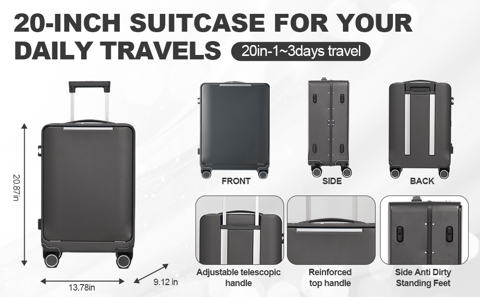 Carry On Suitcase with TSA Lock, 20-Inch Grey White Silver PC Front-Opening Luggage for Personal Travel and Business Luggage