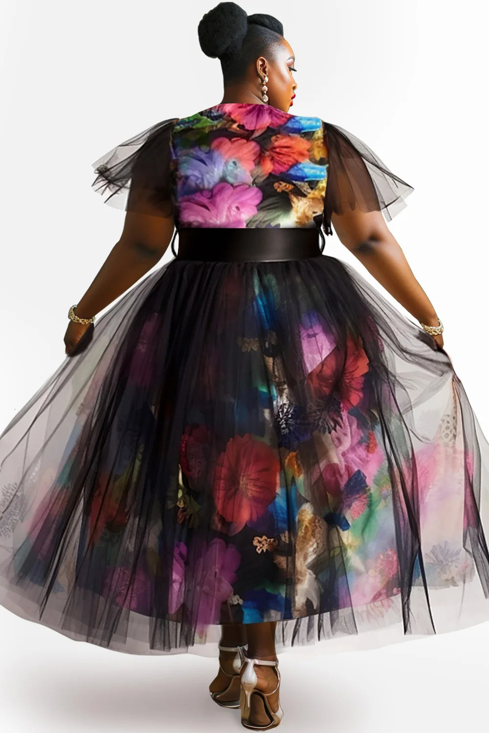 Women Plus Size Dress Elegant Black Floral Autumn Fashion Round Neck Short Sleeve Wedding Guest Contrast Mesh Two Piece Dress 250520