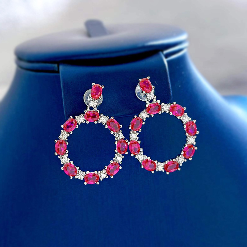 Exquisite S925 Sterling Silver Earrings with Oval Red Ruby & High-Carbon Diamonds - Elegant Dazzling Design