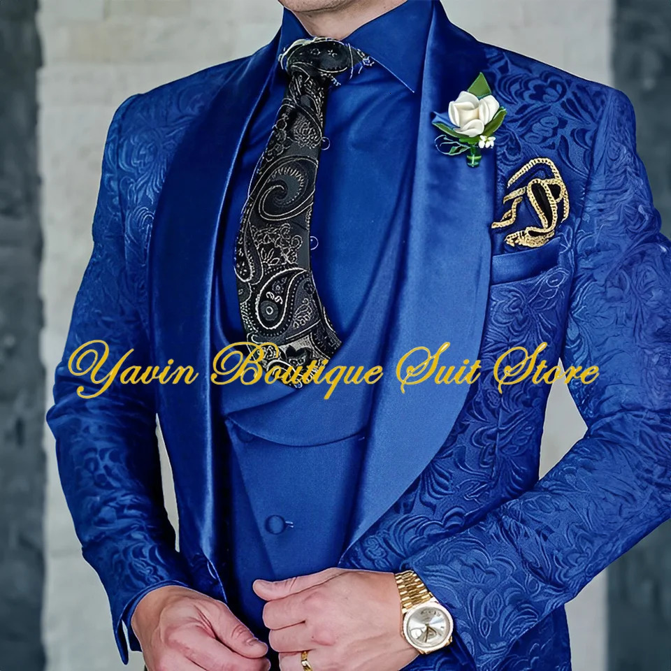 Jacquard Mens 3-piece Suit Set Floral Pattern Party Dress Formal Grooms Tuxedo Elegant Mens Blazer Customized Outfit 250517