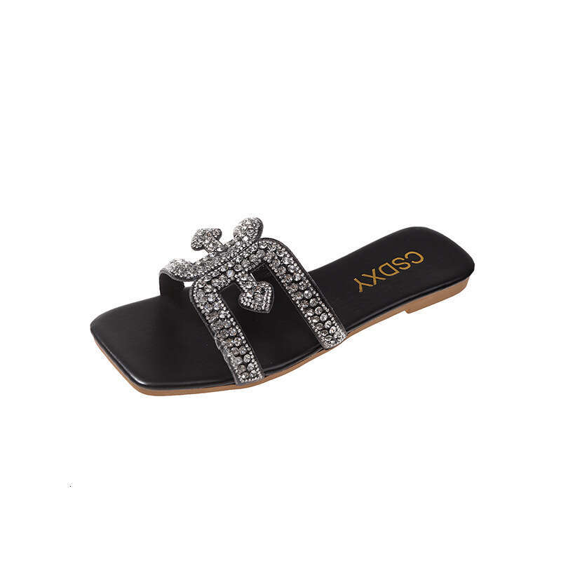 2025 Summer New Water Diamond Slippers Women's Large Sandals Women's Square Head Flat Flat Sandals Outdoor Designer Sandals