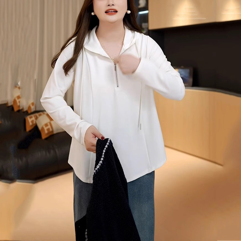 H2104 Large size casual half zipper hooded long sleeve inner wear sweatshirt for women in spring, slimming and covering the flesh