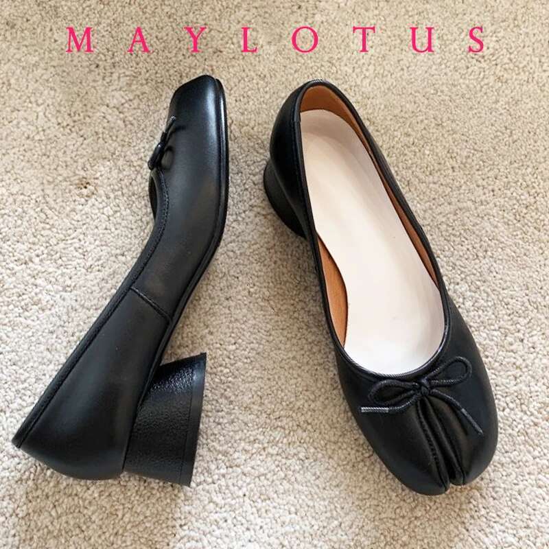 Split Toe 3cm Heel Tabi Slip On Leather Comfy Shoes Soft Bottom solid Ladies Moccasins with Bowknot