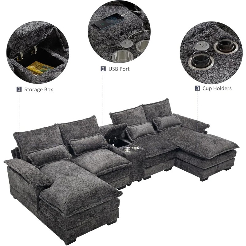 U-Shaped Modular Sectional Sofa, 124.8" Chenille Couch for Living Room, Grey Fluffy Sofa with Console Cupholders and USB