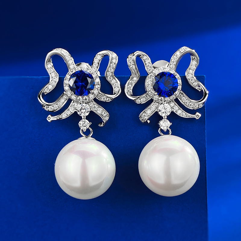 Elegant 925 Sterling Silver Butterfly Bow Earrings with Red and Blue Sapphires and 13mm Pearl Drop for Women