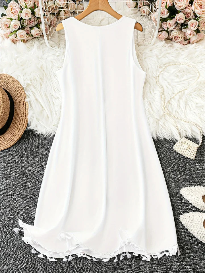 Plus Size Fashion Selection White Ethnic - Style Embroidered Sleeveless Dress Plus Size. The V - Neck with Colorf 250520