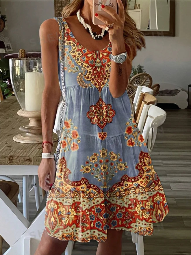 Europe and America Plus Size Womens Cross border Summer Fashion Printed Dress 250520