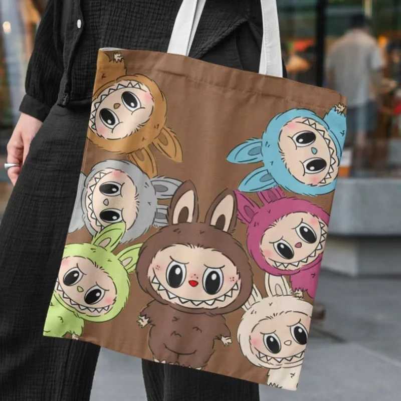Labubu Canvas Bag Cute Cartoon Shopping Handbag For Women Student Portable Canvas Makeup Shopping Storage Bag Birthday GiftXJ250521