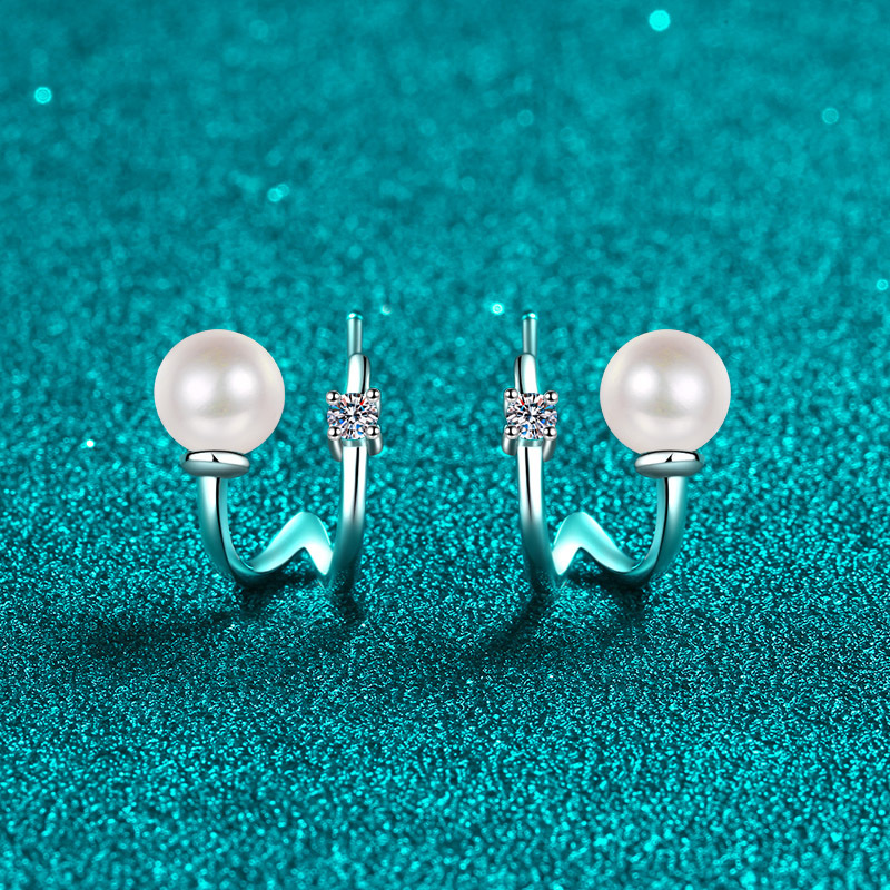 925 Sterling Silver U-Shaped Earrings with Moissanite and Freshwater Pearl, PT950 Gold-Plated Jewelry