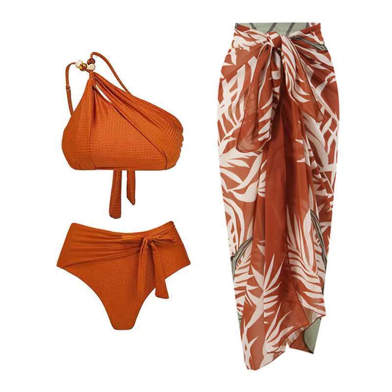 DHEssentials 2025 Pleated One Shoulder Two Piece Swimwear Beachwear Suit Swimsuit Beach Cover Ups Set for Women
