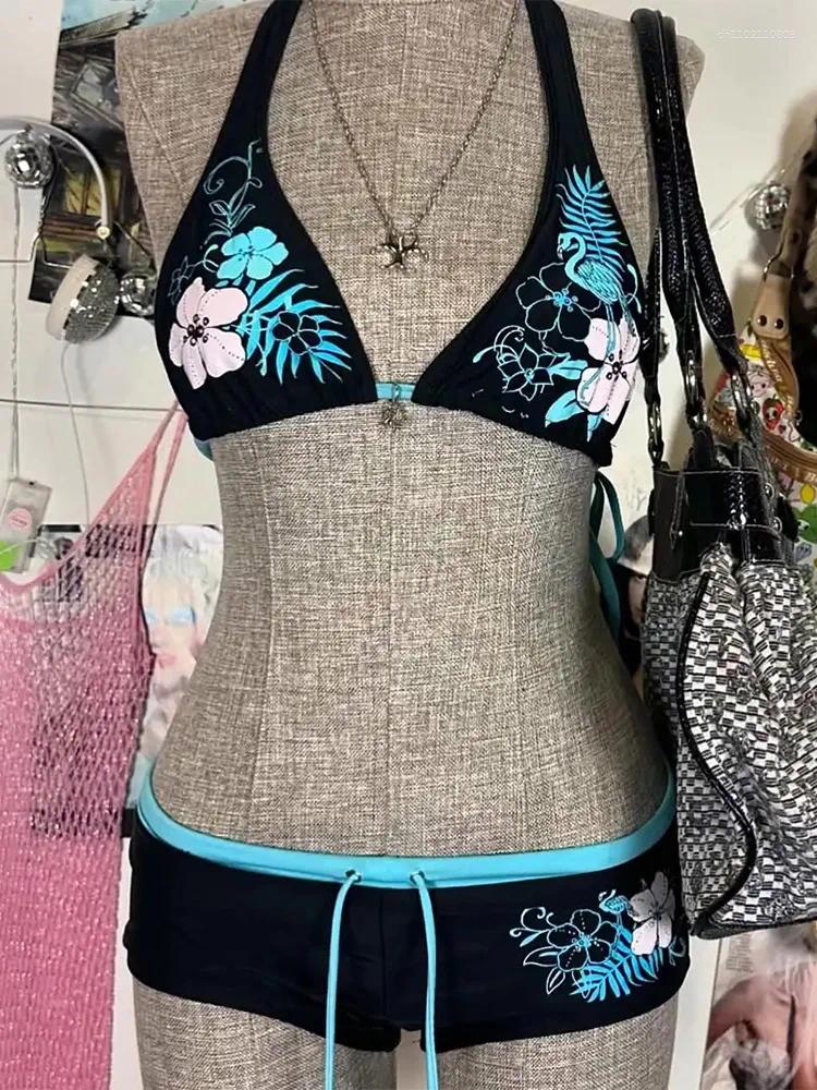 Women's Swimwear Vintage Flower Print Cutie Set Bikini 2000s Swimsuit Sexy Women Bathing Fashion Halter Strap High Street Beach Female