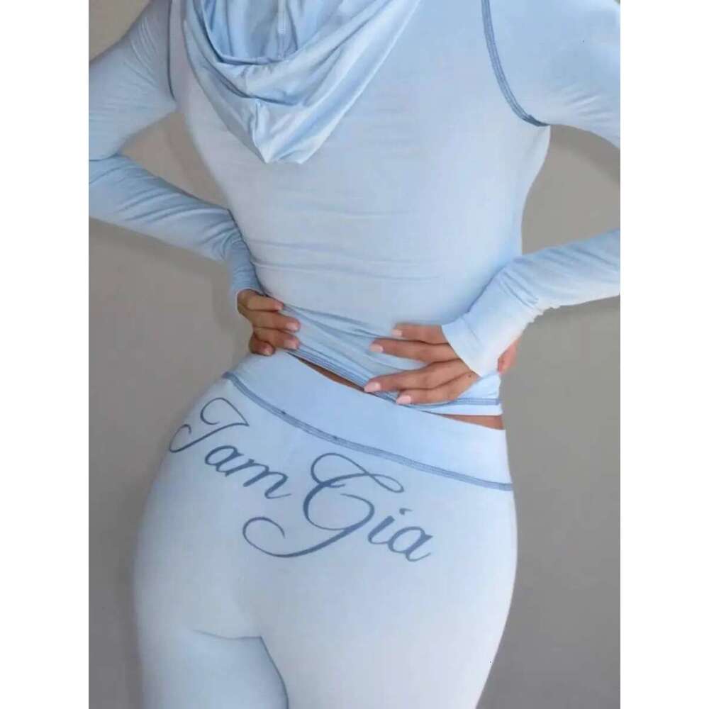 Iamgia Blue Cotton Zipper Hooded Long Sleeved High Stretch Top Low Waist Micro Flared Pants For Women 2024