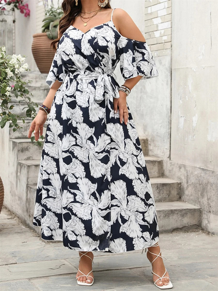 Women Plus Size Floral Print Maxi Dress with Ruffle Sleeves and V Neckline Elegant Belted Long Dress with High Side Split 250520