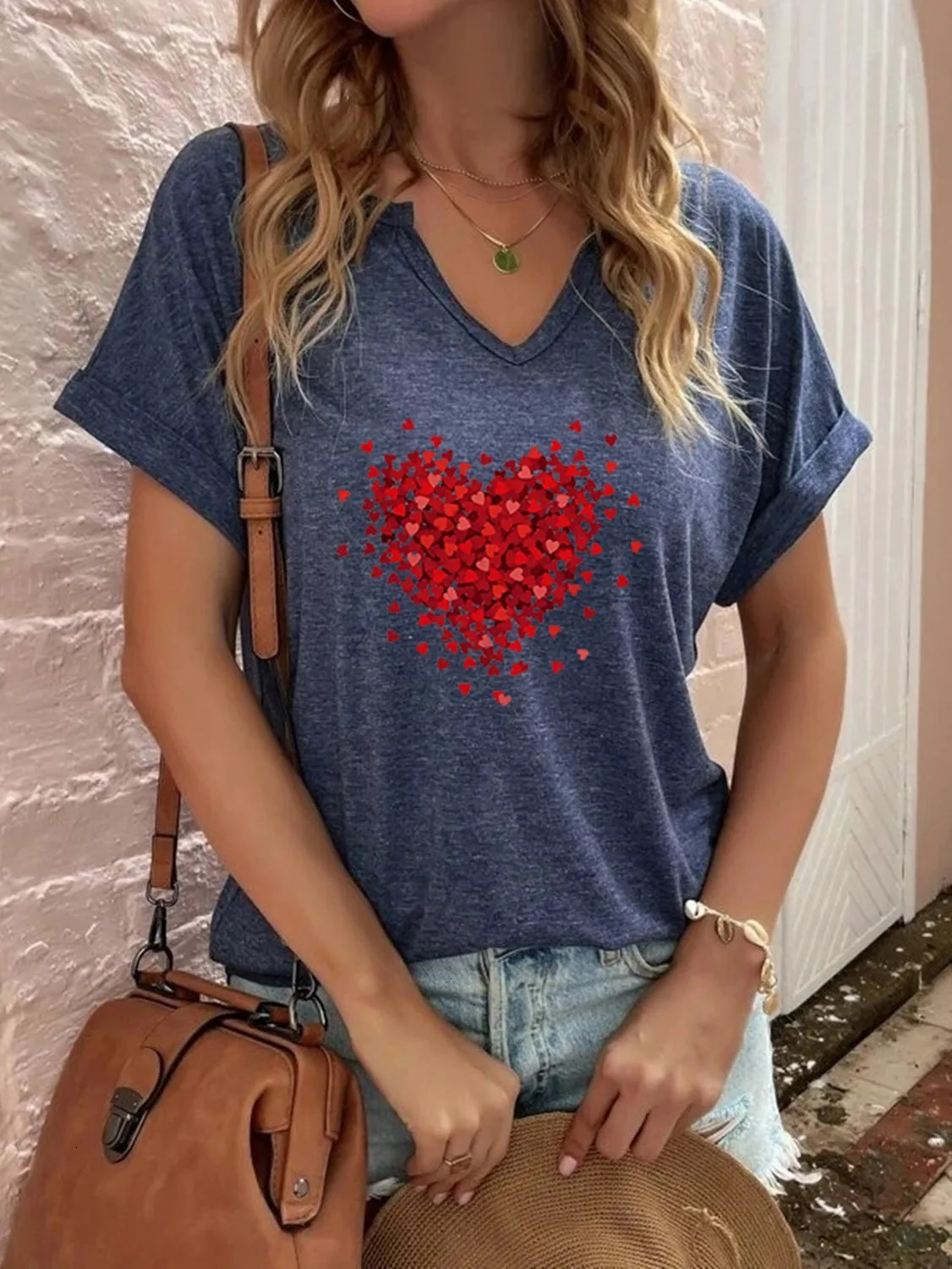 1PC Milk Silk European Style Womens Red Love Print V-neck T-shirt Blouse Short Sleeve 250517