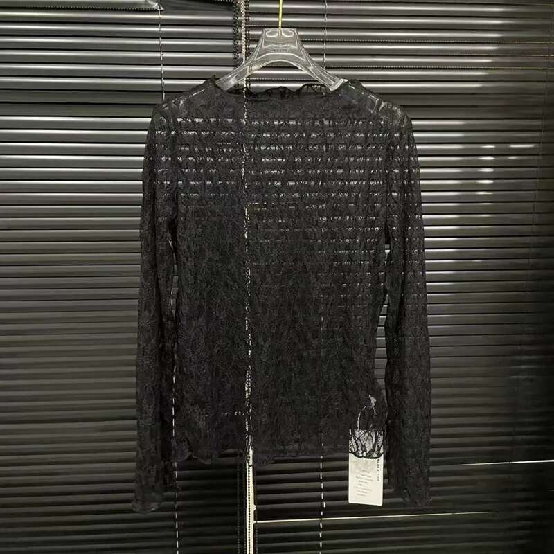 Fashion Lace Hollowed Out T-Shirt For Women Versatile Solid Color O-Neck Perspective Long Sleeve Tops Female New 11A03848