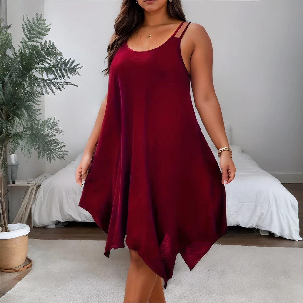 Plus Size Womens Solid Strappy Asymmetrical Hem T Shirt Midi Dress Ladies Sleeveless Casual Loose Summer Holiday Sundress XL-5XL 250520