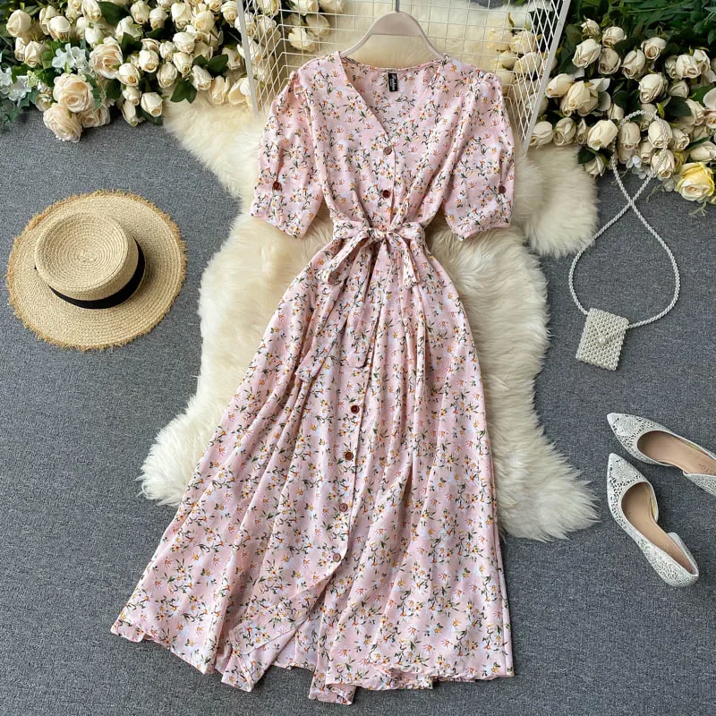 Silk Short Sleeve Dress Women's Waist Belt Slimming Youthful Large Swing Long Skirt V-neck Ankle-length Polyester Fiber