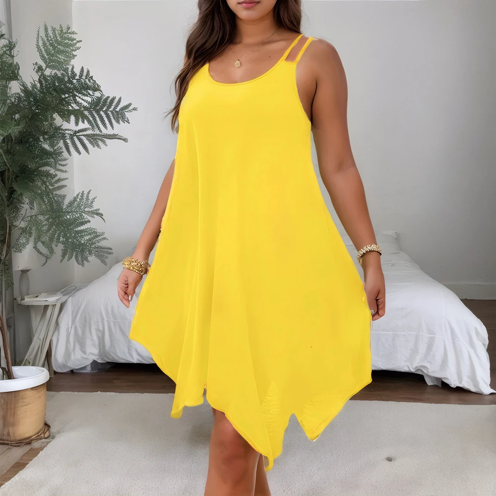 Plus Size Womens Solid Strappy Asymmetrical Hem T Shirt Midi Dress Ladies Sleeveless Casual Loose Summer Holiday Sundress XL-5XL 250520