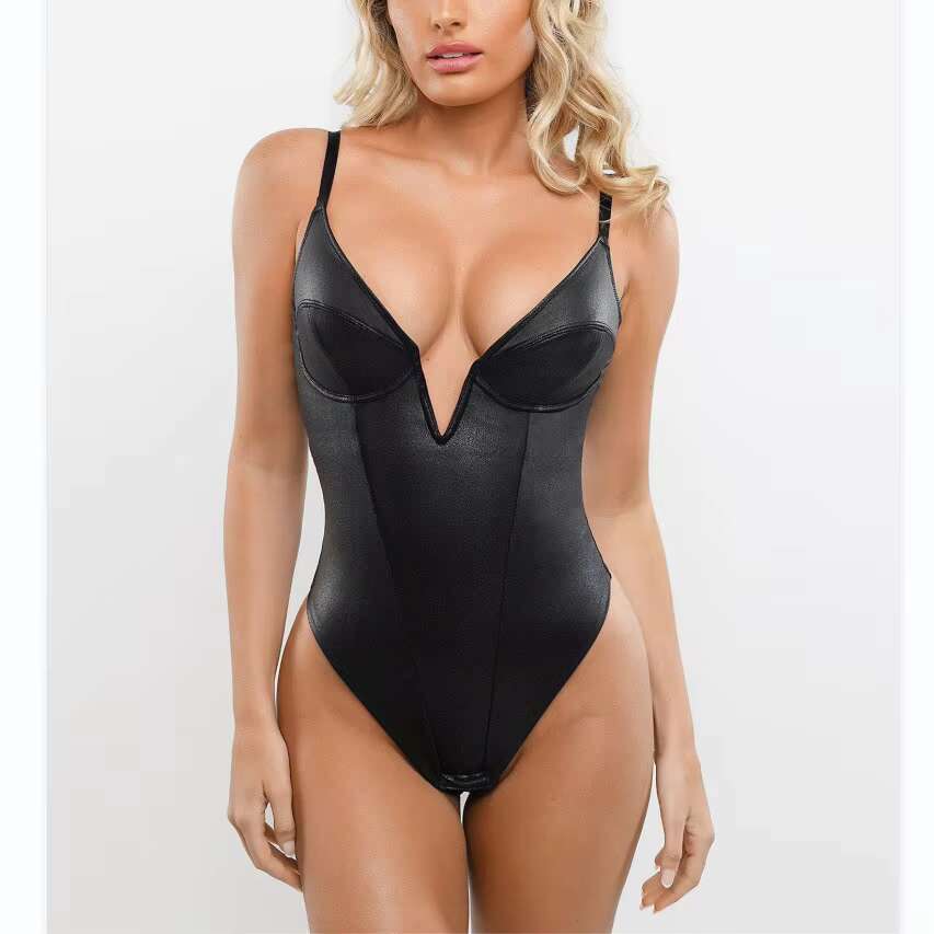 Sexy Deep V neck Leather Slim Fitting Jumpsuit Shaping Beauty Body Womens Bodysuit