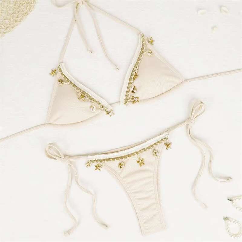 DHEssentials Shell Embellished Lace Bikini Set Sexy 3 Piece Triangle Swimsuit with Split Thong Bottom Beachwear for Women