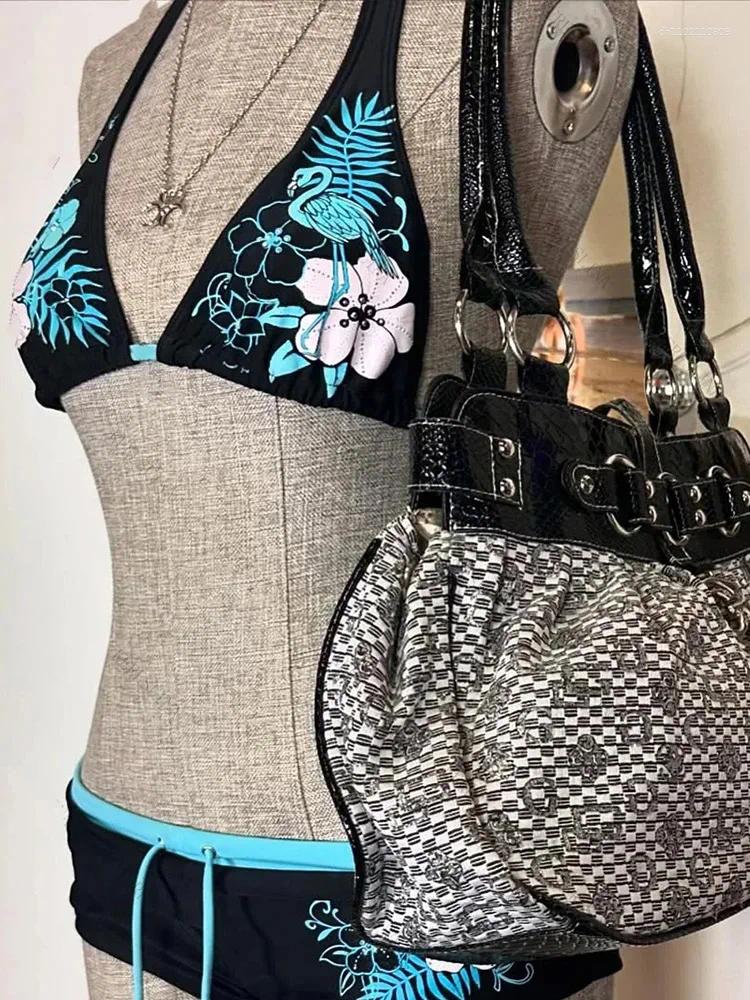 Women's Swimwear Vintage Flower Print Cutie Set Bikini 2000s Swimsuit Sexy Women Bathing Fashion Halter Strap High Street Beach Female