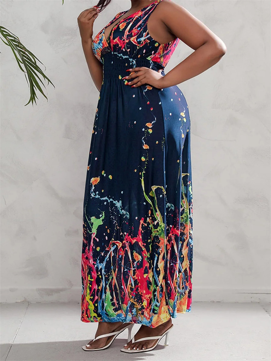 Women Plus Size Sleeveless Maxi Dress Casual Floral Print V-Neck Party Dress for Beach Club Streetwear Summer Fashion Trend 250520