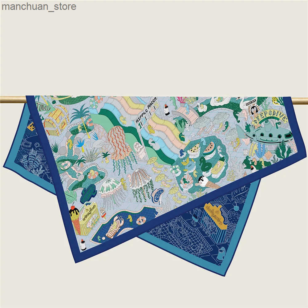 90Cm High-quality Twill Silk Double-sided Printing Submarine Playground Womens Large Square Scarf Chest Wrap Scarf Q250521