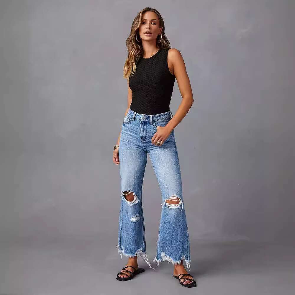 DHEssentials 2025 Women's Wide-leg Tassel Washed Tie-dyed Ripped High Waist Jeans Loose Casual Straight Pants