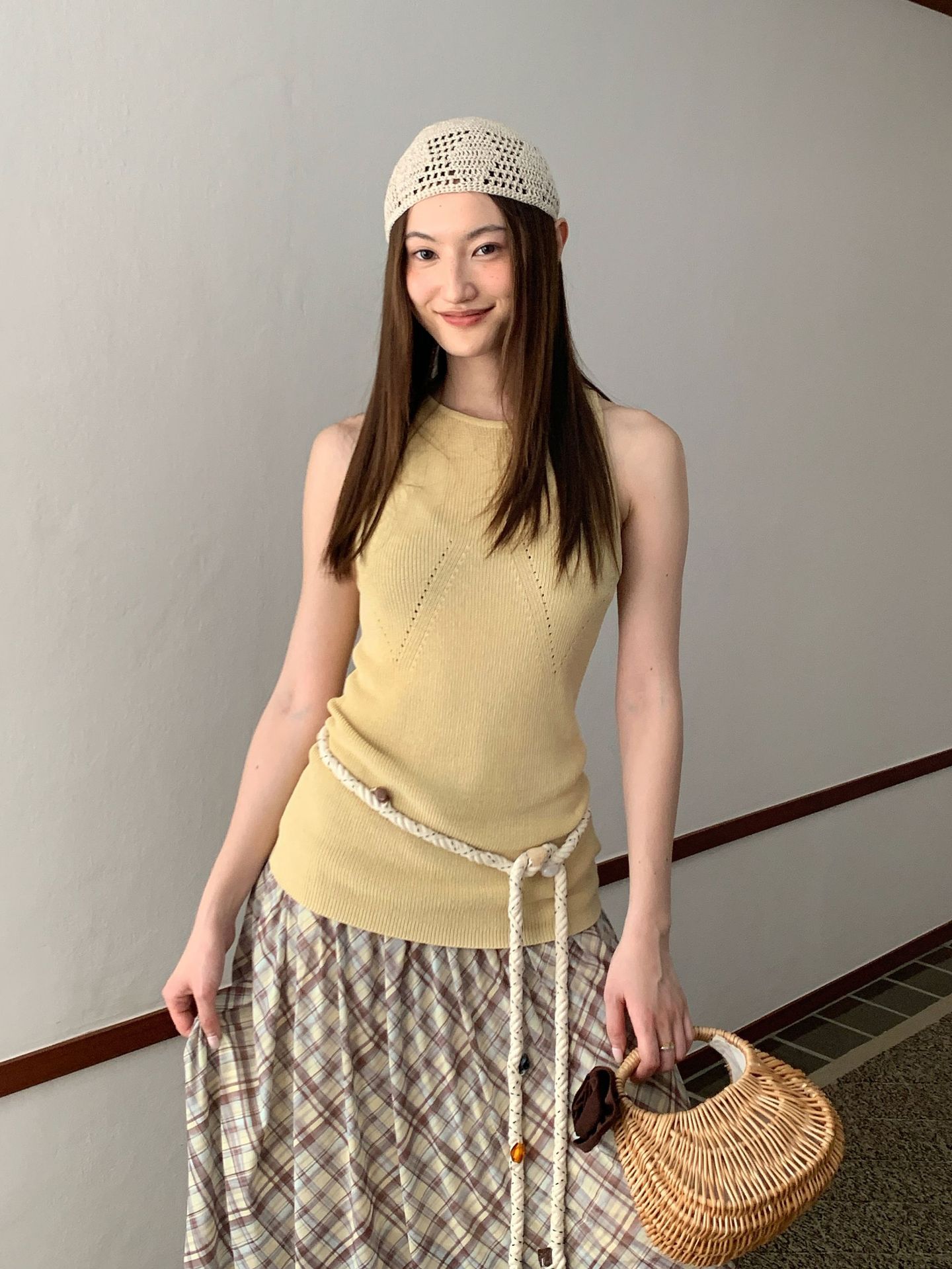 DR201 Imitation Linen Hollow Design Knitted Vest Women's Dopamine Girl Sleeveless Slim Short Top