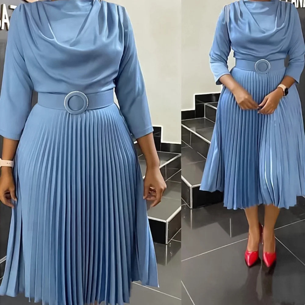 Elegant Office Dress Pleated for Women Professional Round Neck Full Sleeve Belt Waisted Mid Calf Formal Business Work Dress 250520