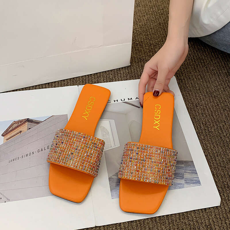 Designer Sandals, Colorful Rhinestone Flat Slippers 2025 Spring And Summer Candy Colored Outdoor Casual Wear Resistant Slippers Women's Trendy Sh