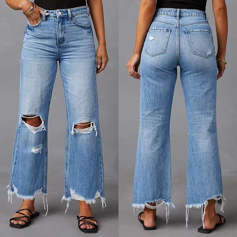 DHEssentials 2025 Women's Wide-leg Tassel Washed Tie-dyed Ripped High Waist Jeans Loose Casual Straight Pants
