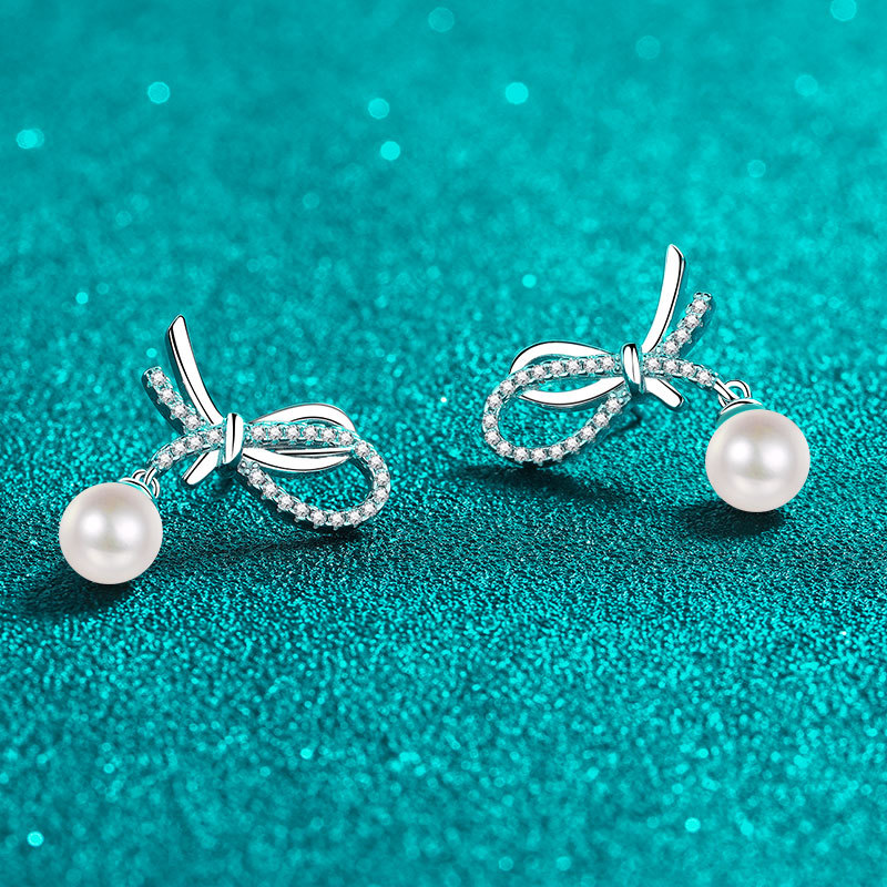 S925 Sterling Silver Moissanite Pearl Stud Earrings, Bow Design Sweet Chic Earrings, Minimalist High-End Jewelry