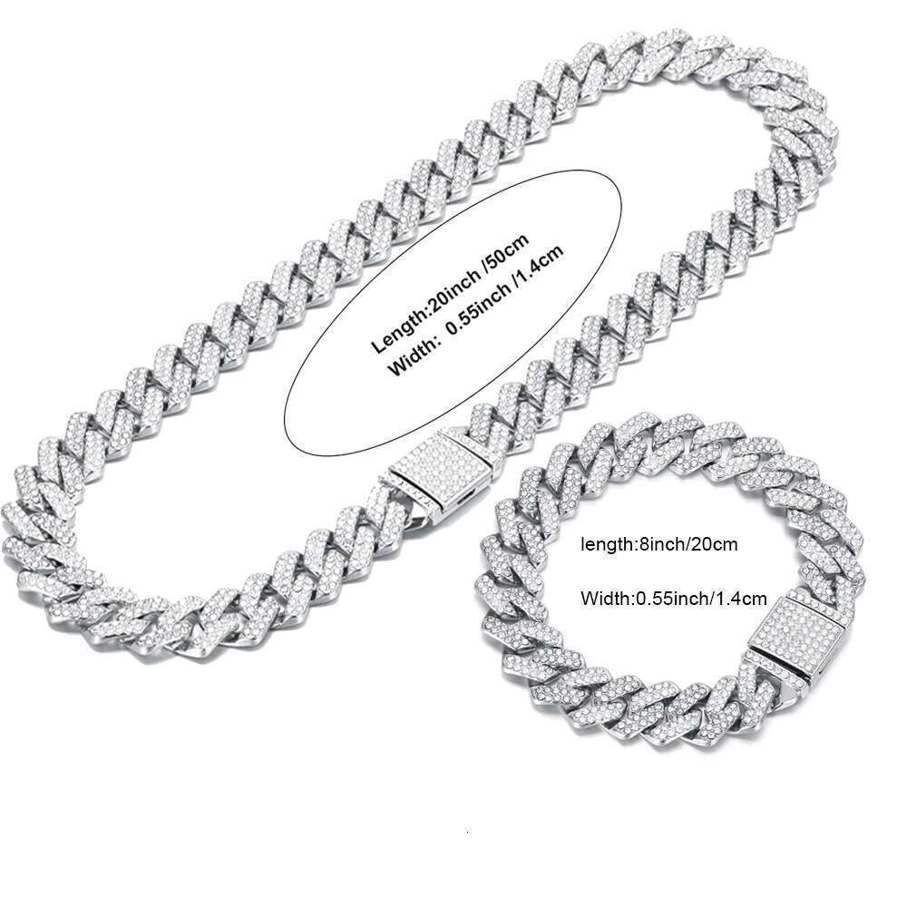 Necklace+Bracelet k Chain Hip Hop Men Necklace 14mm iced out p chain 2 Row Rhie Paved Miami Rhombus Cuban