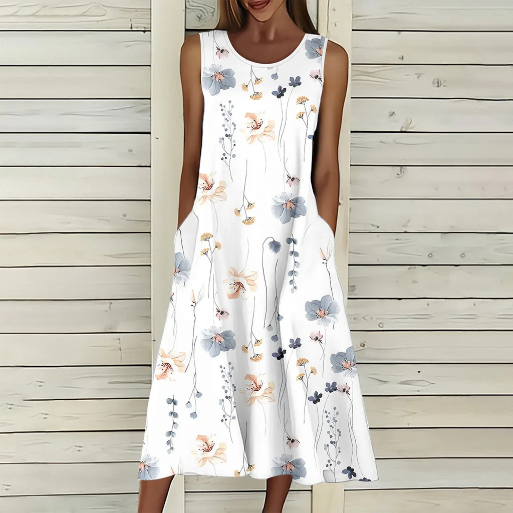 Womens PLUS SIZE Summer Sleeveless Print Casual Dress for Holiday Women Clothing Maxi Dress White Dress summer dress 250520