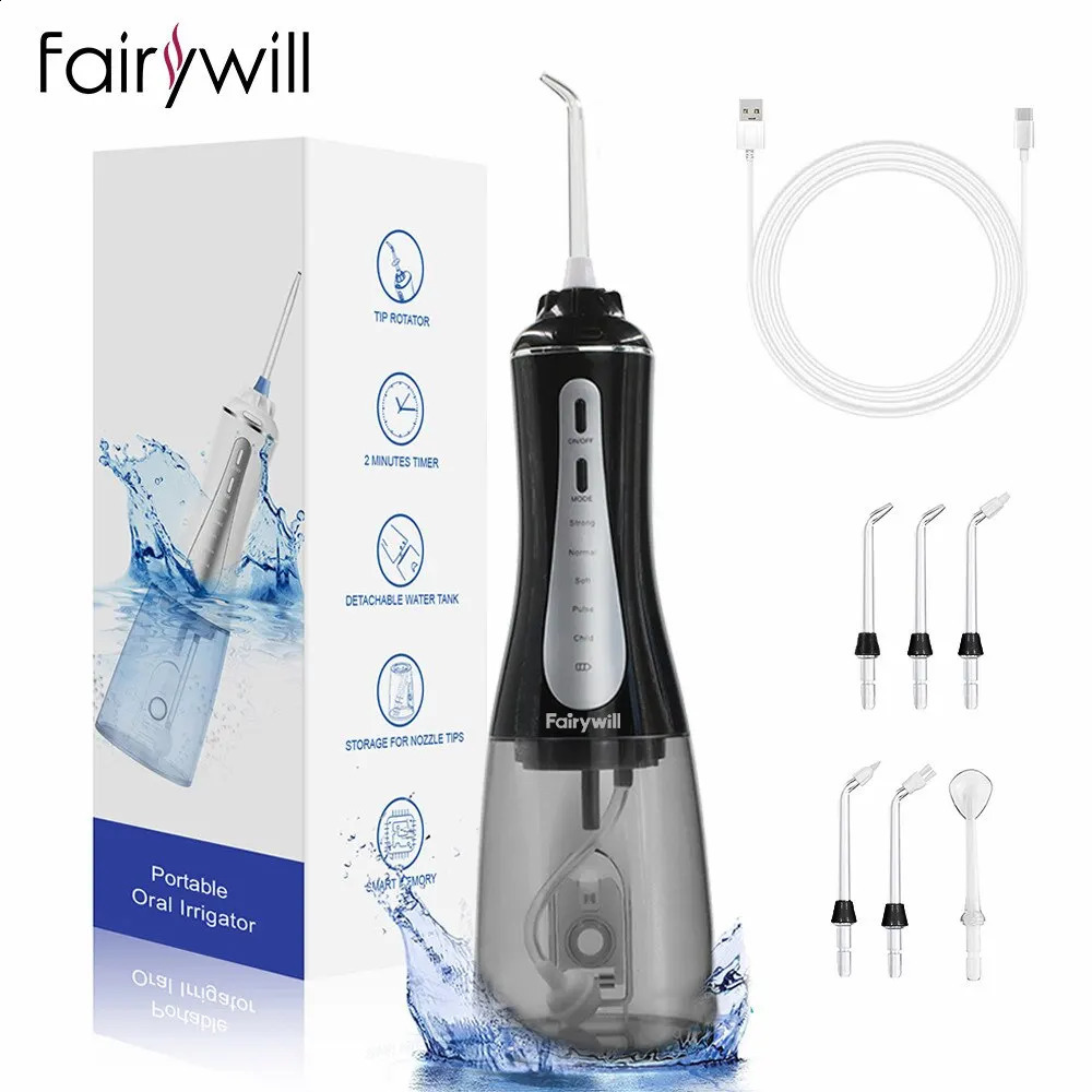 Oral Irrigator Fairywill Water Flosser 5 Modes Portable Dental Water Jet 350ML Water Tank Teeth Cleaner USB Charge Waterproof 250520