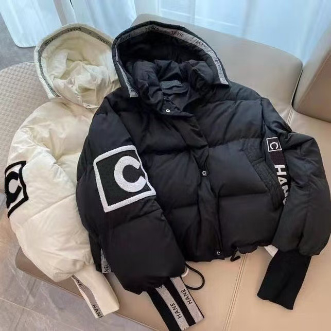 2024SS Designer Women's Down Jacket Fall/Winter Luxury Padded White Duck Down Jacket Embroidered C-Neck Hooded Zipper Casual Cropped Trench Coat