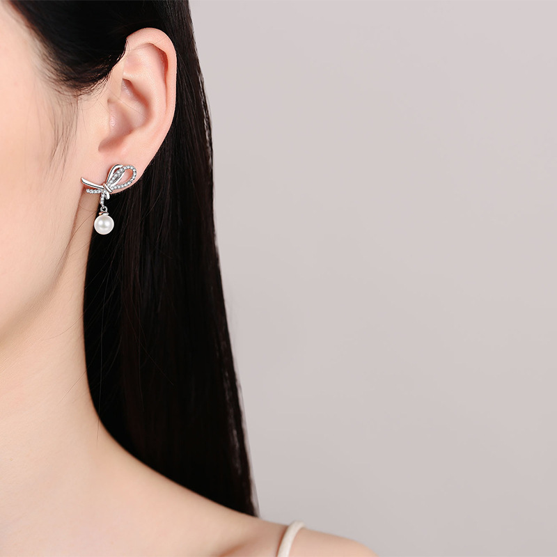 S925 Sterling Silver Moissanite Pearl Stud Earrings, Bow Design Sweet Chic Earrings, Minimalist High-End Jewelry