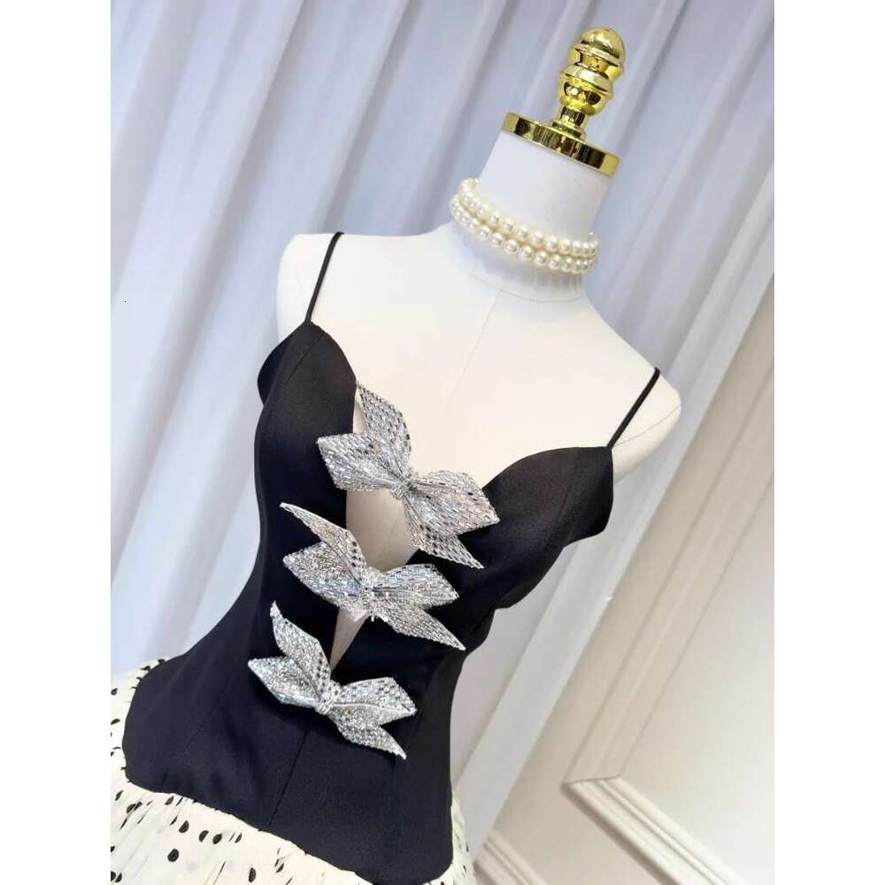 Temperament Chic Spliced Bowknot Slimmng Dresses For Women Deep V Neck Sleeveless High Waist Dot Camisole Dress Female New